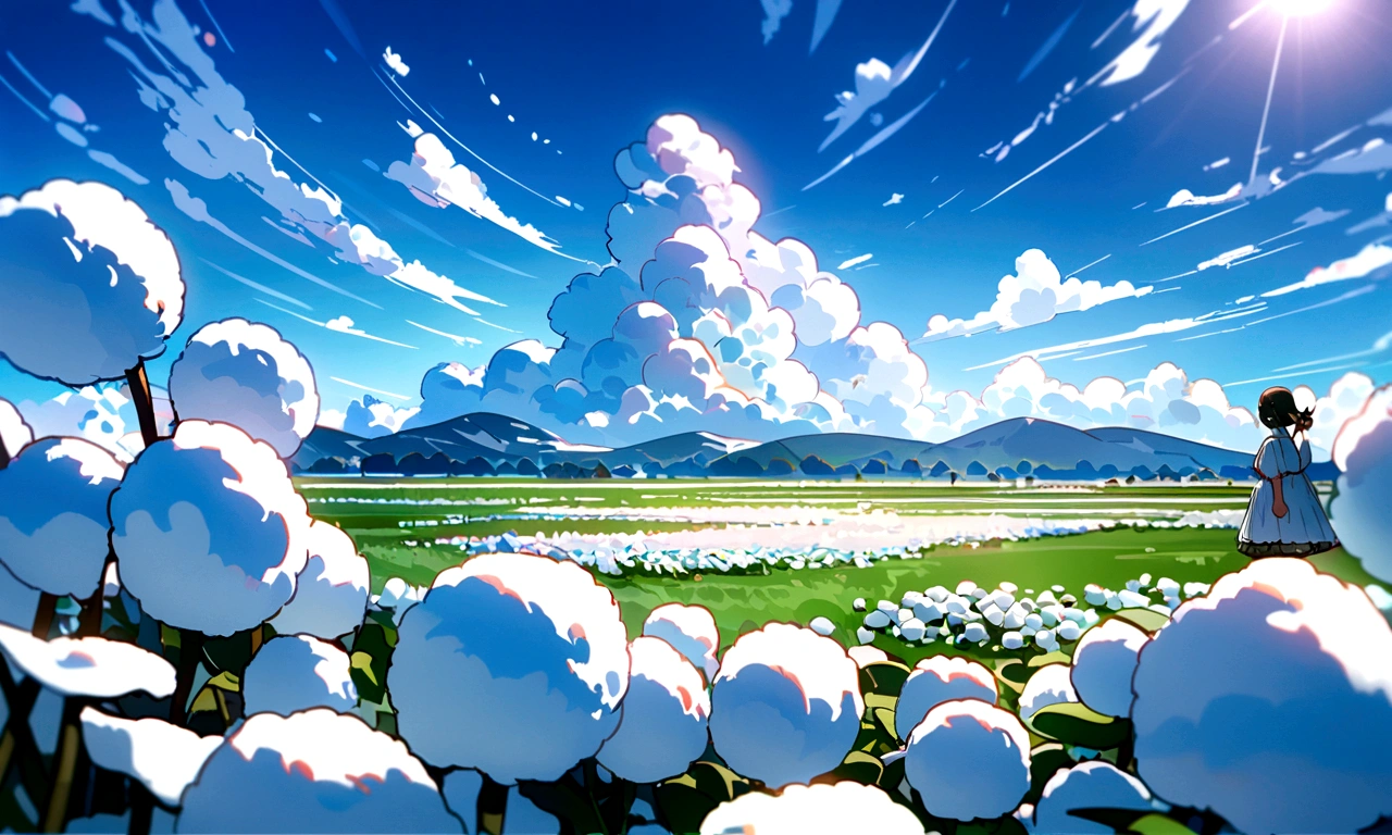cotton field,figure,Cotton swabs,Floating Cotton,Pure white clouds,Bright blue sky,(Highest quality,4K,High resolution:1.2),Super detailed,Soft Light,sunlight,Vibrant colors,Serene landscape,Peaceful atmosphere