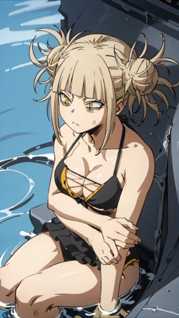 himikotoganova, (1girl, solo), blonde hair, double bun, messy hair, bangs, (perfect eyes, yellow eyes), black bikini, bags under eyes, breasts, sitting, drowning