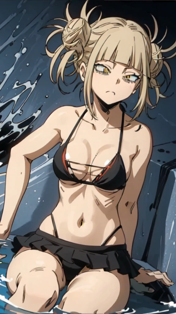 himikotoganova, (1girl, solo), blonde hair, double bun, messy hair, bangs, (perfect eyes, yellow eyes), black bikini, bags under eyes, breasts, sitting, drowning