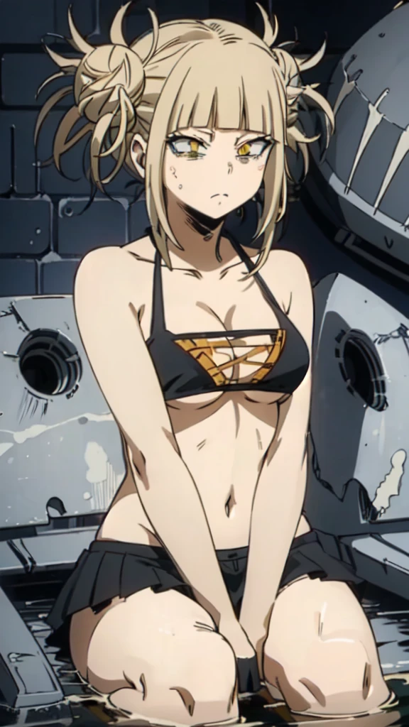 himikotoganova, (1girl, solo), blonde hair, double bun, messy hair, bangs, (perfect eyes, yellow eyes), black bikini, bags under eyes, breasts, sitting, drowning