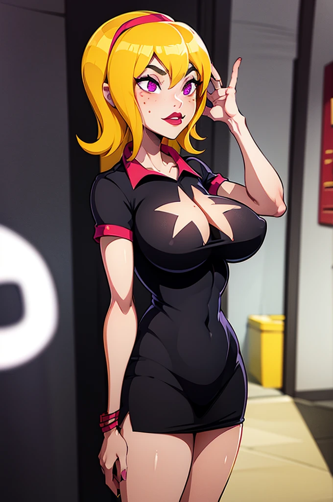 yellow hair, black dress, freckles, lipstick, big , purple eyes, Lucy Mann, big ,  pose, solo, tight outfit