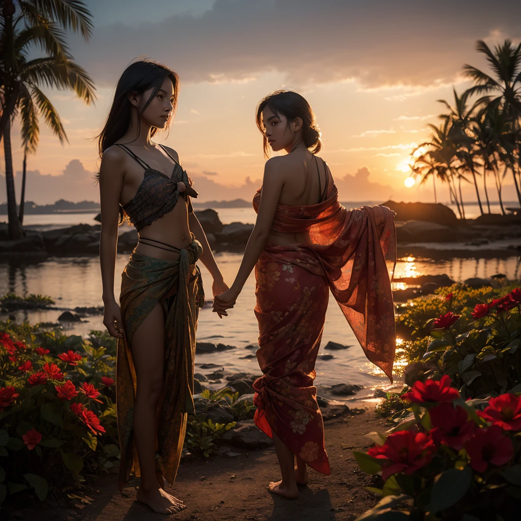 
flowers,sunset,in dark,dark theme, masterpiece,official art,best quality,ray tracing,volumetric light,realistic,photorealistic,ultra highres,vivid, woman , sarong, close up,Thai sarong