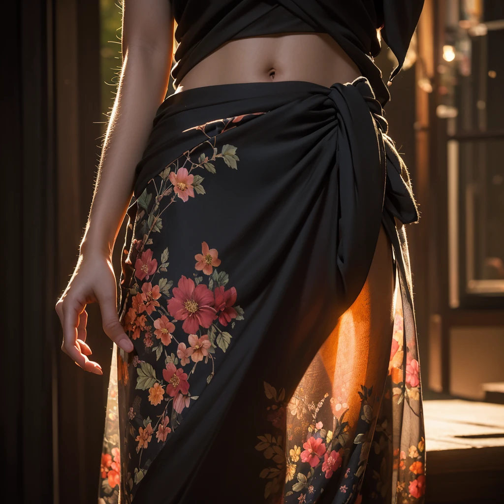flowers,sunset,in dark,dark theme, masterpiece,official art,best quality,ray tracing,volumetric light,realistic,photorealistic,ultra highres,vivid, woman , sarong, close up,Thai sarong