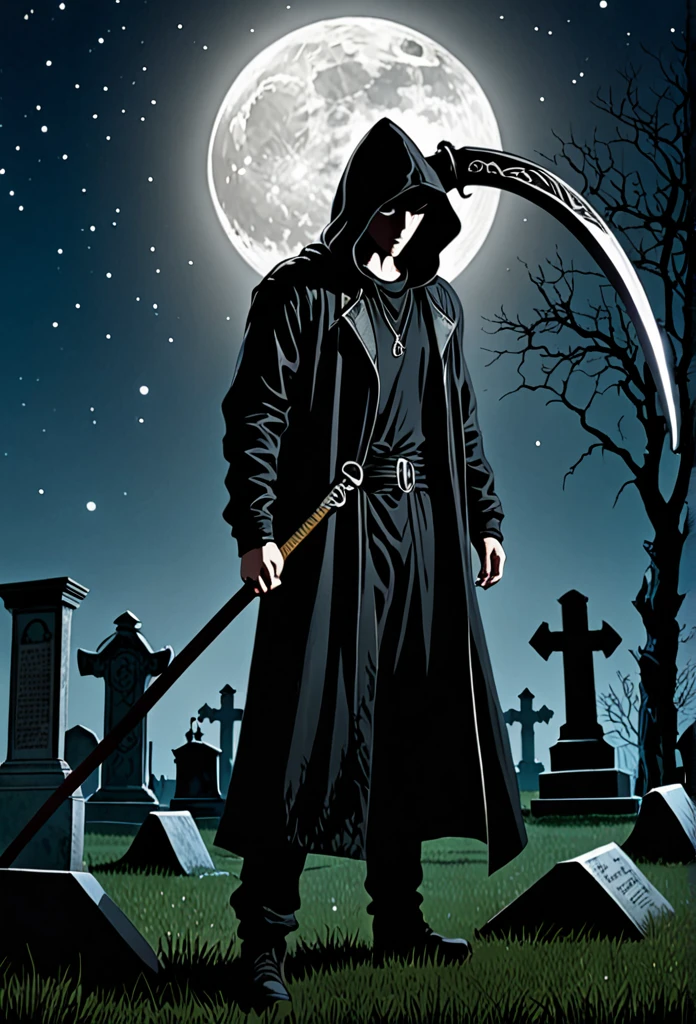 A man in a black hood holding a giant scythe、Slightly looking down、
BRAEK Standing in the graveyard at night、Moonlit Night、It&#39;s foggy, the eyes are shadowed and dark.、BRAEK Night with the tip of the sickle shining、