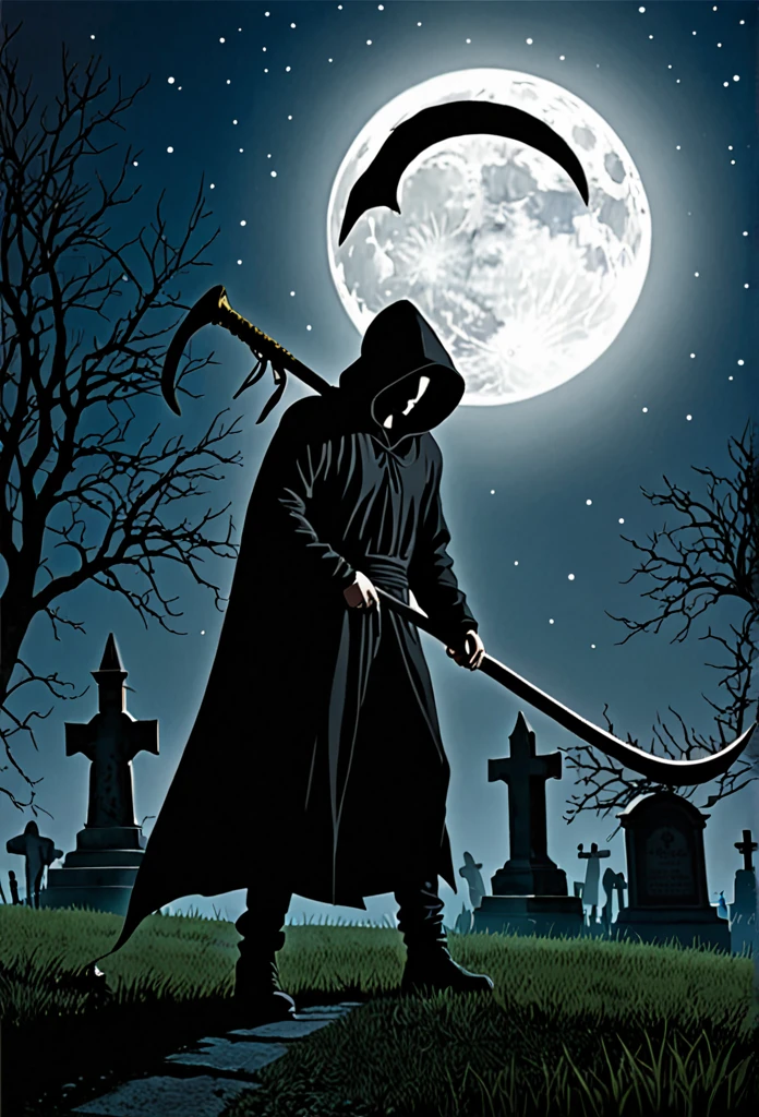 A man in a black hood holding a giant scythe、Slightly looking down、
BRAEK Standing in the graveyard at night、Moonlit Night、It&#39;s foggy, the eyes are shadowed and dark.、BRAEK Night with the tip of the sickle shining、