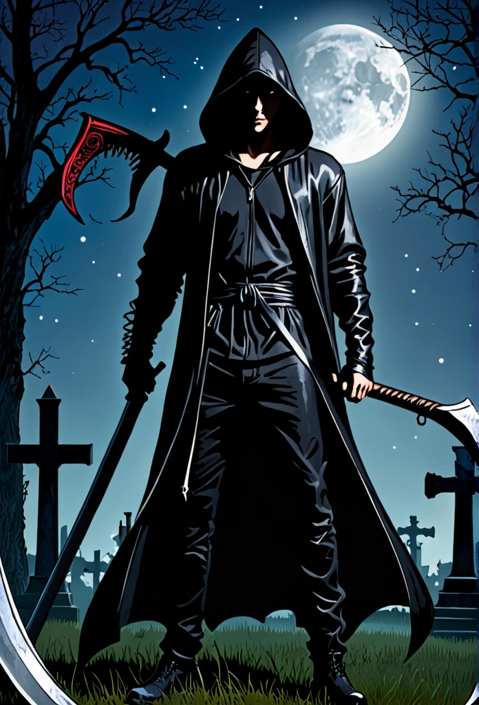 A man in a black hood holding a giant scythe、Slightly looking down、
BRAEK Standing in the graveyard at night、Moonlit Night、It&#39;s foggy, the eyes are shadowed and dark.、BRAEK Night with the tip of the sickle shining、