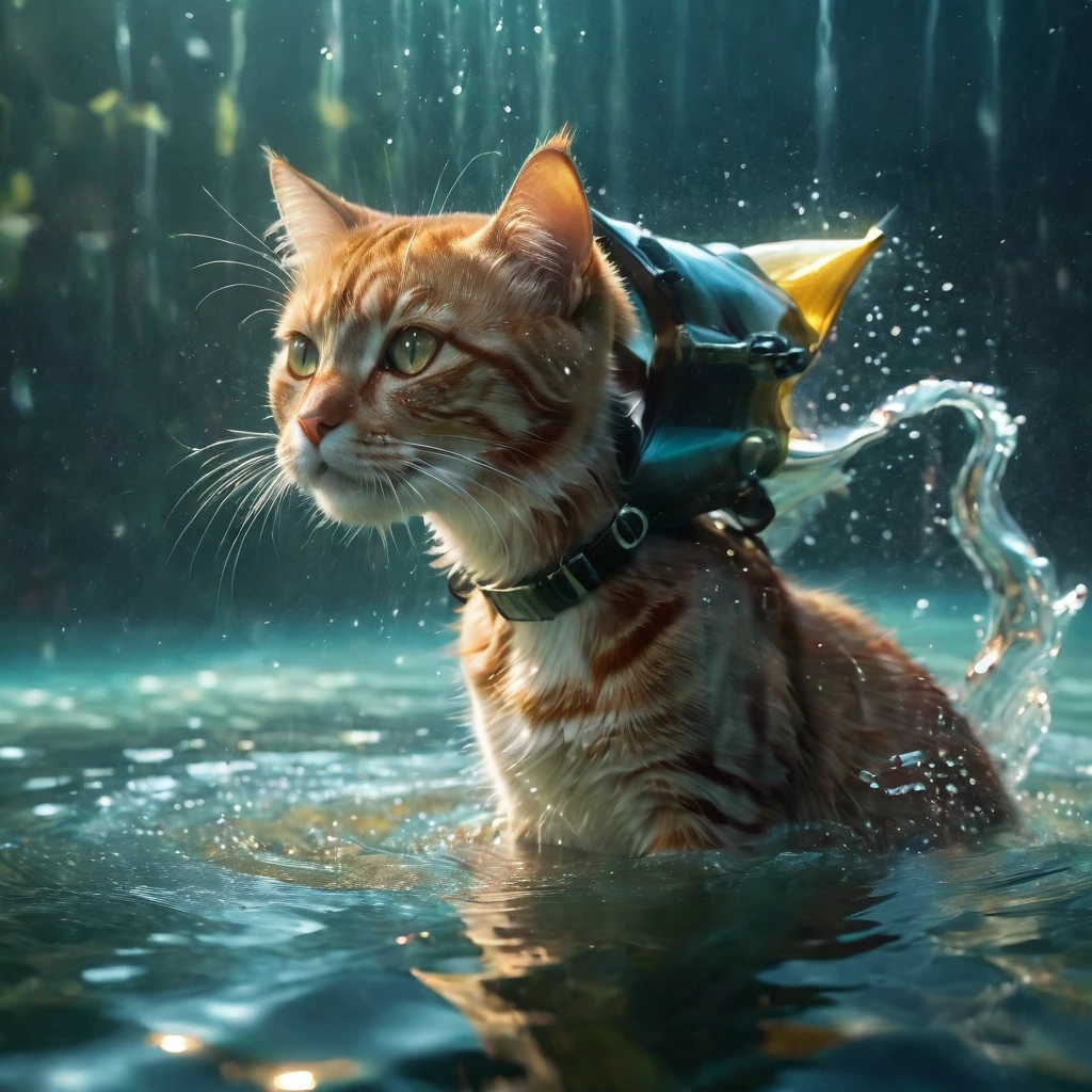 One cat,One girl,diving,In the water,Glittering,Cinematic lighting effects,close,Detailed face,exit,(Highest quality,4K,8K,High resolution,masterpiece:1.2),Super detailed,(Realistic,photoRealistic,photo-Realistic:1.37),Vibrant colors,Portraiture