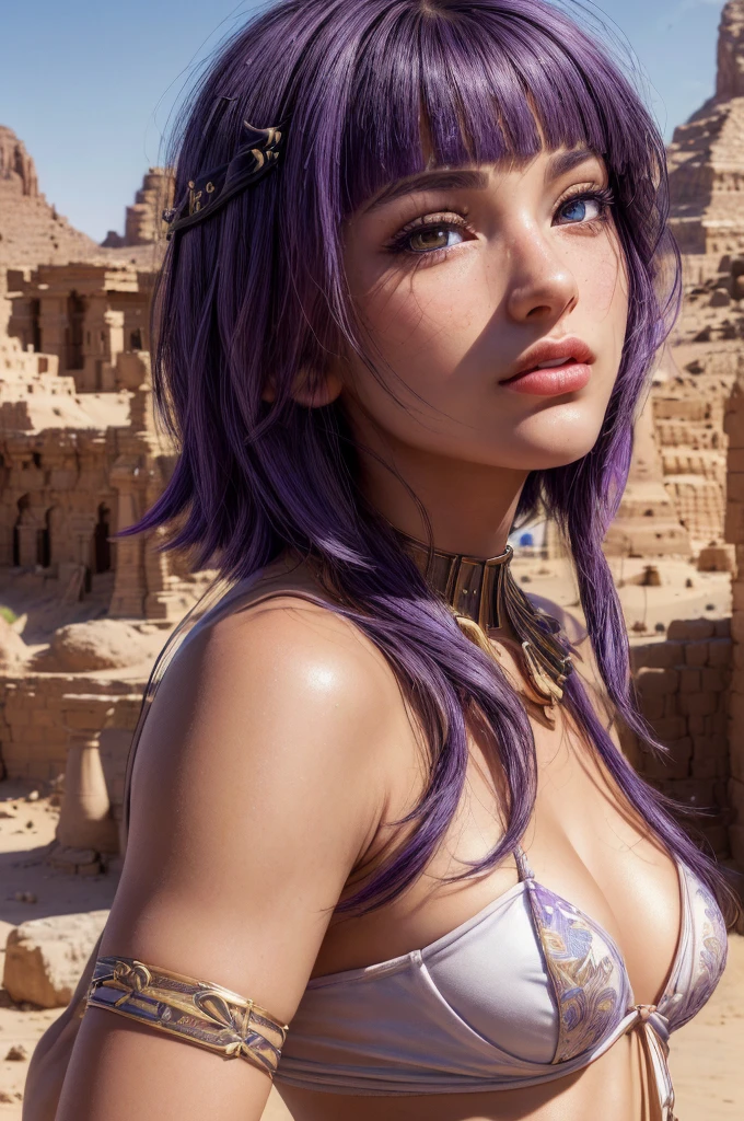 Candace (Genshin&#39;s influence), Candacedef,
1 girl,One, short hair,realistic, purple hair,lips,profile,portrait,closed mouth,Nose,From Side, Best quality, masterpiece, illustration, very gentle and beautiful, extremely detailed ,computer graphics,unity,8k wallpaper, amazing, finely detail, masterpiece, Best quality,official art,extremely detailed computer graphics unity 8k wallpaper,absurdity, incredibly absurdity, huge file size , ultra detailed, A high resolution, extremely detailed,beautiful detailed girl, extremely detailed eyes and face, beautiful detailed eyes,light on face, upper body,heterochromia outdoors, outside, day, desert, Egypt, an oasis