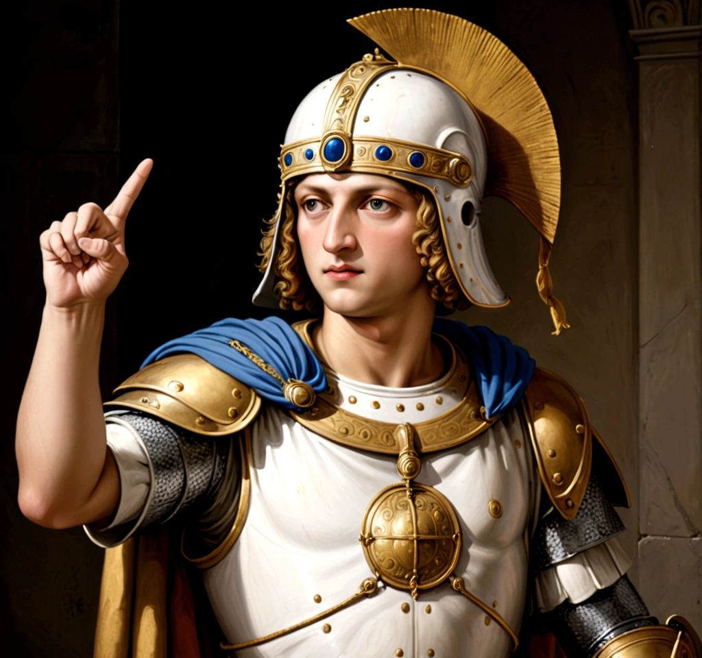 Ptolemy XIII Theo Philopator, representing what he was like, pointing with his hand as if accusing someone, Renaissance painting, wearing a Galea helmet on his head, he is facing the viewer