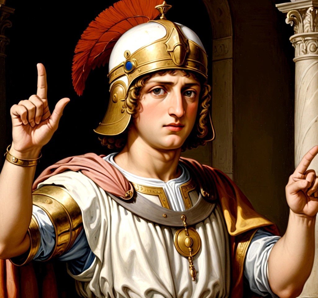 Ptolemy XIII Theo Philopator, representing what he was like, pointing with his hand as if accusing someone, 15 year old Renaissance painting, wearing a Galea helmet on his head, he is facing the viewer