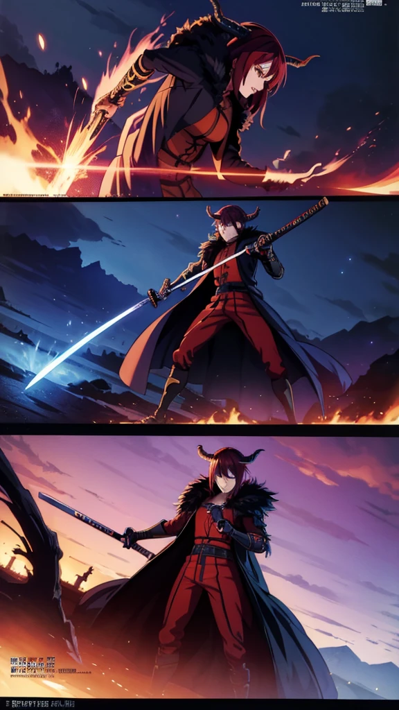 a demon slayer yoriichi, rimuru tempest with horns and wing demon king, detailed katana, fantasy epic scene, 8k, hyper detailed, cinematic, dramatic lighting, vibrant colors, dramatic pose, intricate background, concept art style