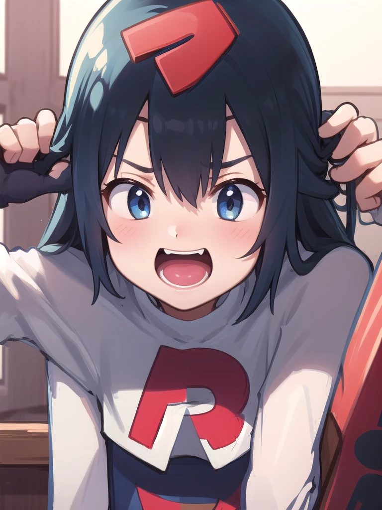 masterpiece, best quality, 1 girl, darkblue hair, long hair, team rocket,team rocket uniform, twitch, slapstick comedy, laugh eyes, laugh open mouth, big bump on head, fuss over,