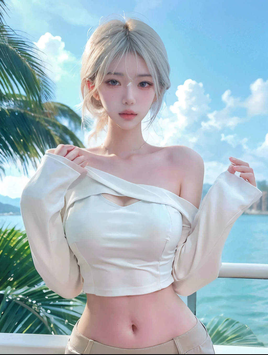 Beautiful woman with perfect figure:1.4，beach，Layered Hairstyle，White skin，Prominent ，White bikini:1.5，White ultra-short pleated skirt，whole body，Very delicate face and skin texture，Double eyelids，Skin Whitening，Long white hair