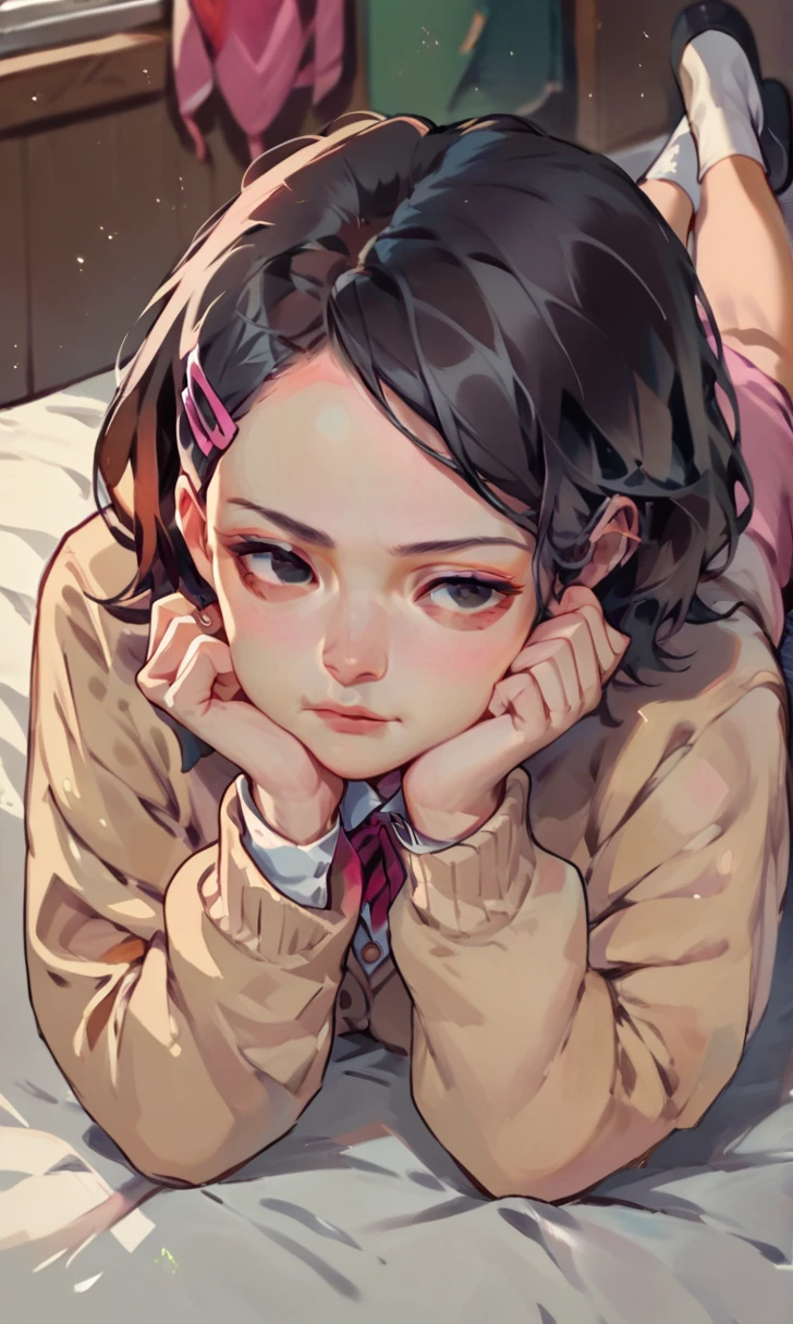 (score_9, score_8_up), score_7_up, score_6_up, score_5_up, score_4_up, Zenko, 1girl, black hair, hair ornament, hairclip, black eyes, short hair, beige cardigan, cardigan, pink dress, red ribbon, lying on bed, on stomach, elbow rest, hands on chin, looking away, expressionless, white socks, black footwear, legs up, cheeks, pout, indoors, bedroom, close-up xaxaxa
