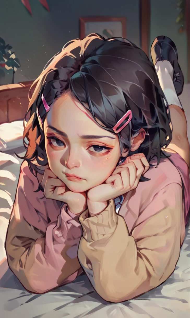 (score_9, score_8_up), score_7_up, score_6_up, score_5_up, score_4_up, Zenko, 1girl, black hair, hair ornament, hairclip, black eyes, short hair, beige cardigan, cardigan, pink dress, red ribbon, lying on bed, on stomach, elbow rest, hands on chin, looking away, expressionless, white socks, black footwear, legs up, cheeks, pout, indoors, bedroom, close-up xaxaxa