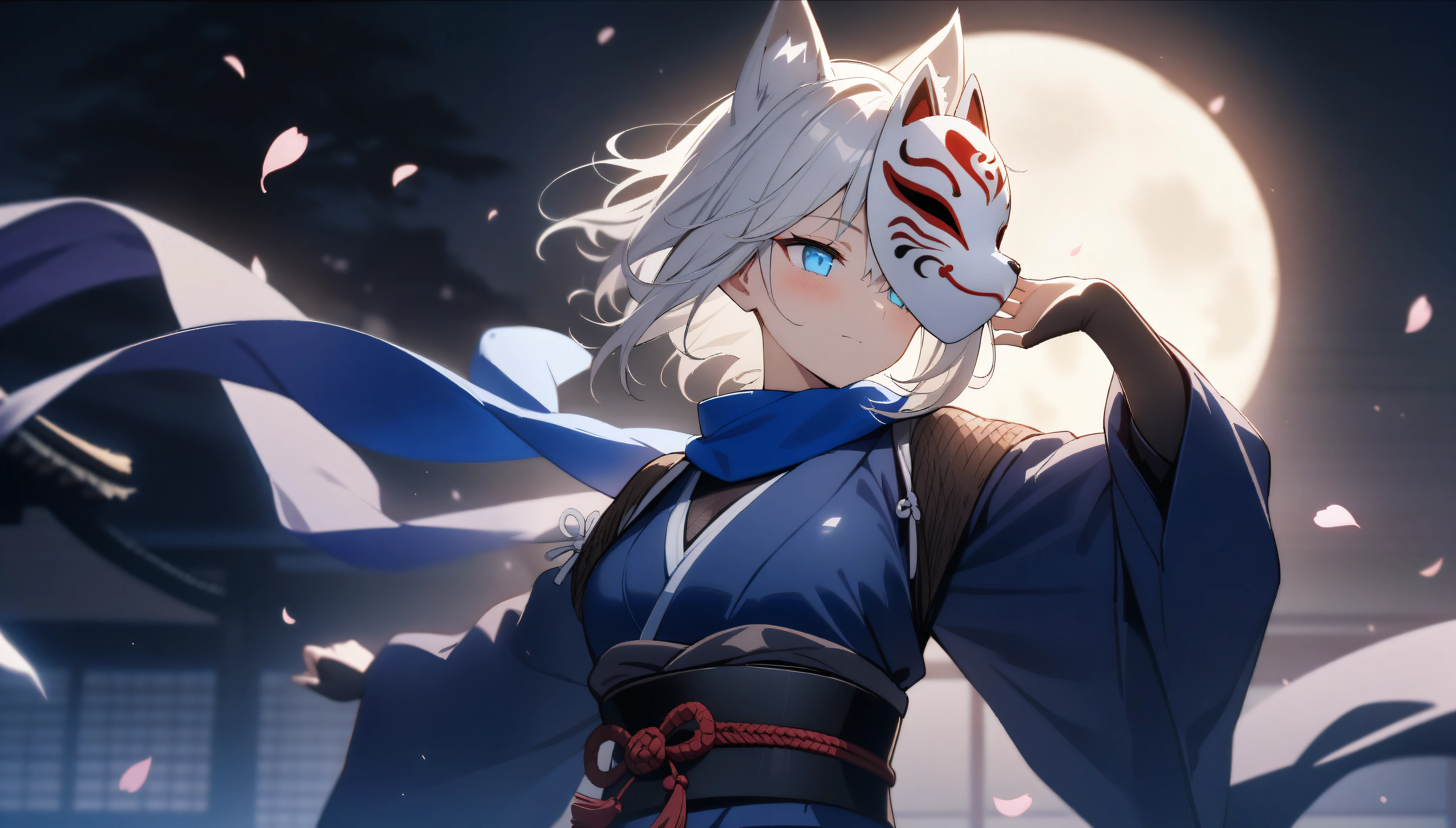 (masterpiece, best quality:1.2), 1girl, solo,Wolf girl, fox mask, ninja, girl, long white hair, odd eyes, blue kimono, ninja girl, red and blue scarf,Dancing Cherry Blossoms,Full moon backlighting, light coming in, fantastic atmosphere.night、Shadows of light and darkness、Eyes that glow in the dark