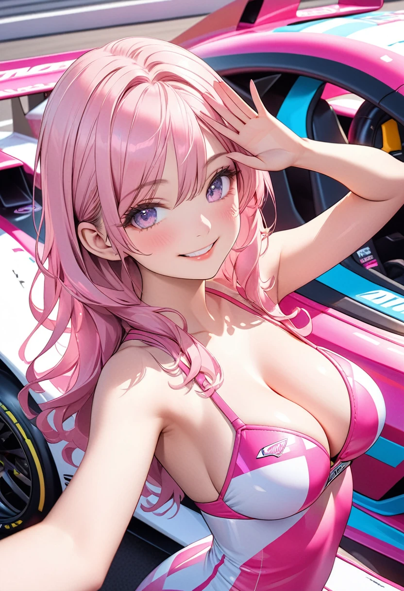 a beautiful female race queen with long wavy pink hair in a pink bikini-style outfit posing dynamically in front of a pink formula racing car, wearing a white pareo, showing cleavage, with many sponsor logos, a holographic pattern effect, smiling and cutely waving at the camera, ultra-detailed digital painting, vivid colors, high-definition 4K 8K resolution, best quality