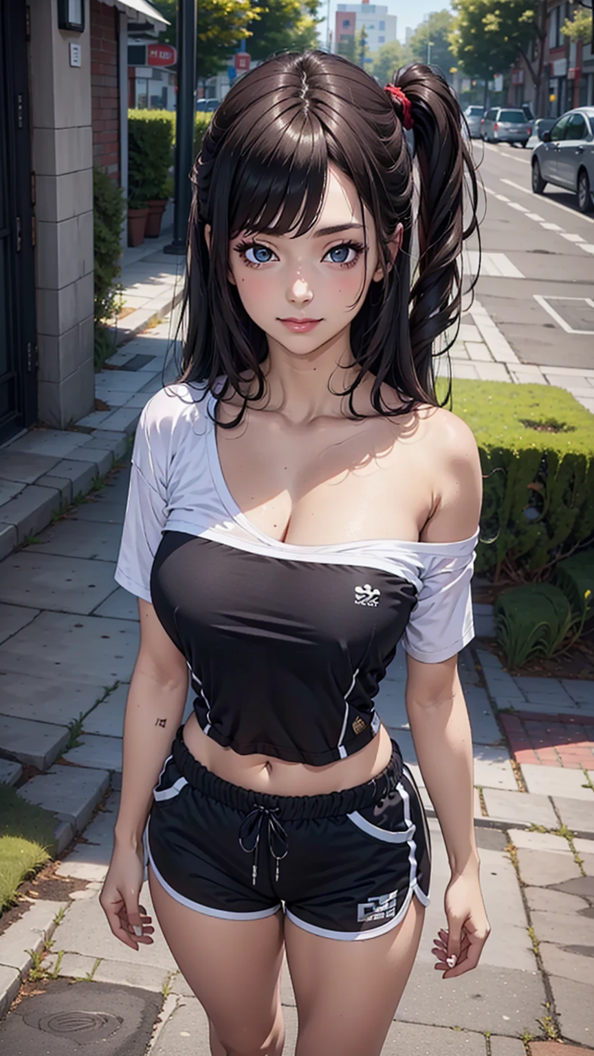 (Girl),(Side Up Hairstyle), dark hair,masterpiece,, outdoors, looking at viewer, detail eyes, detail face, standing, smile, (front view:1.3), dolphin shorts, Single  Shoulder shirts, upper body shot, (portait), (detailed face), (), white shirts, navel