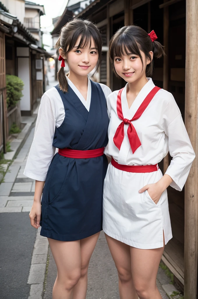 2 girls standing in old-Japanese street,white hakama top,red or navy hakama bottom,18-year-old,bangs,a little smile,short hair and low pigtails with red ribbon bow,from before,front light