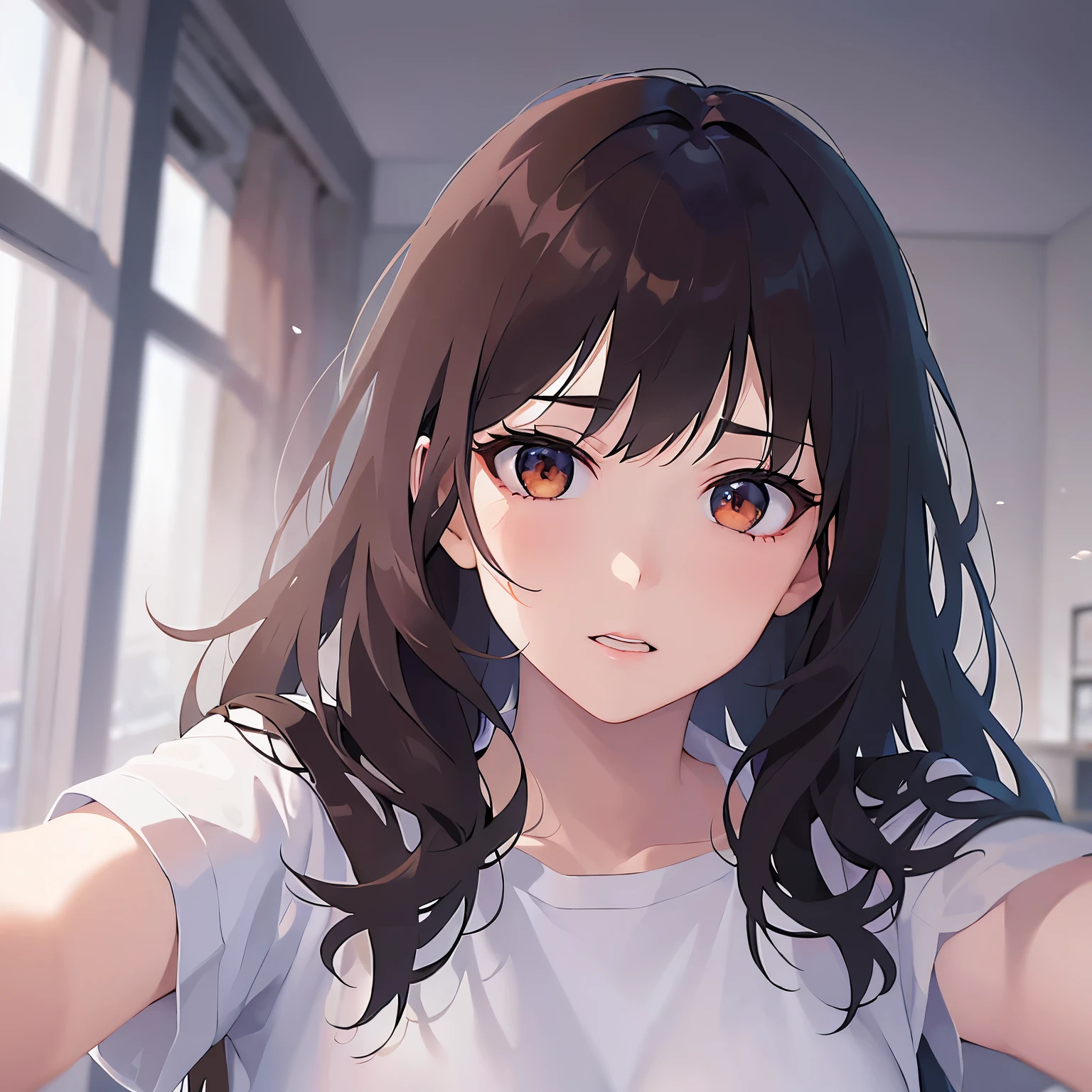 hand up, Shooting from below、looking down, Upper Body, Realistic, real person, (pale skin: 1.2), RAW photo, photorealistic, shiny skin, shiny hair、(A 25-year-old woman with medium-length hair and bangs) and (wavy hair) and (brown hair) and (Orange Eyes) , (White T-shirt) 、(sad:1.1), The background is a hospital room.、Alone、Are standing、close up of your face