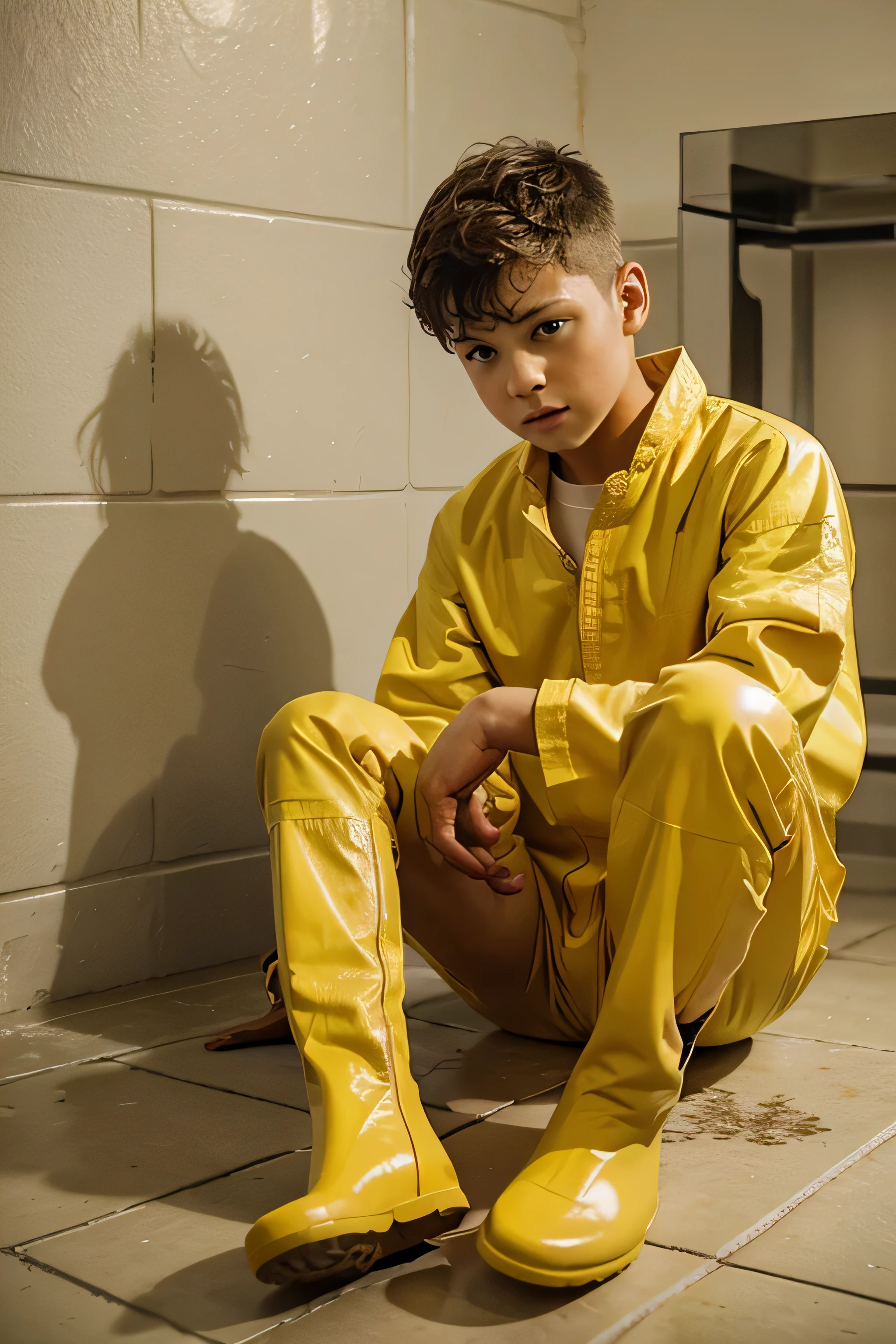 A boy sit barefoot in a prison cell, putting on whites Hunter rubber boots and wearing a yellow prison jumpsuit