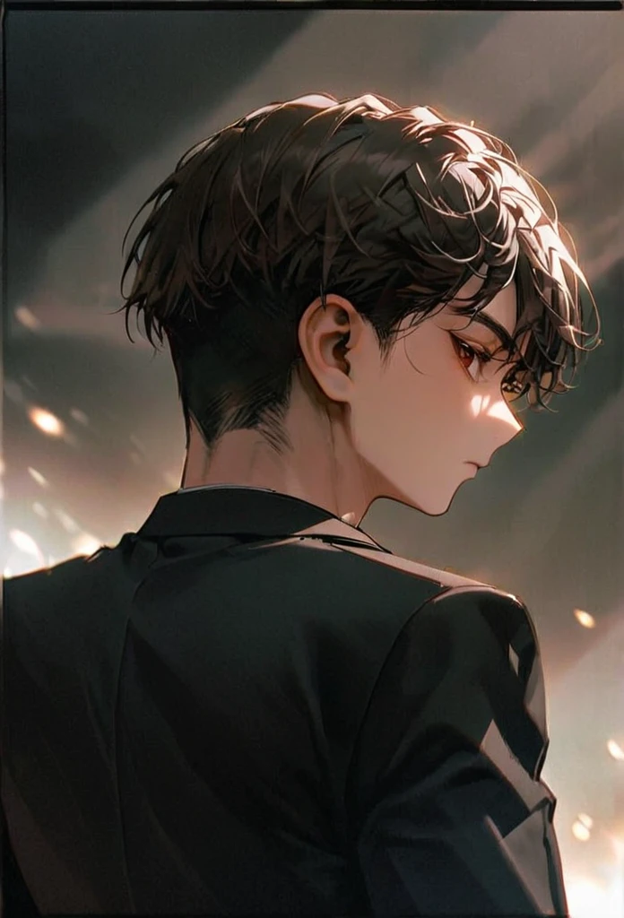 Half body portrait of a young man ,Smoky white long Undercut, brown eyes, wears an all black suit. Stand and look back. Look back. Half-body image. Look back. ยืนท่ามกลางความวุ่นวาย