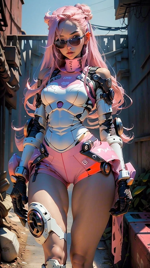 Woman long pink hair, body defined thick thighs cybernetic body parts, short 