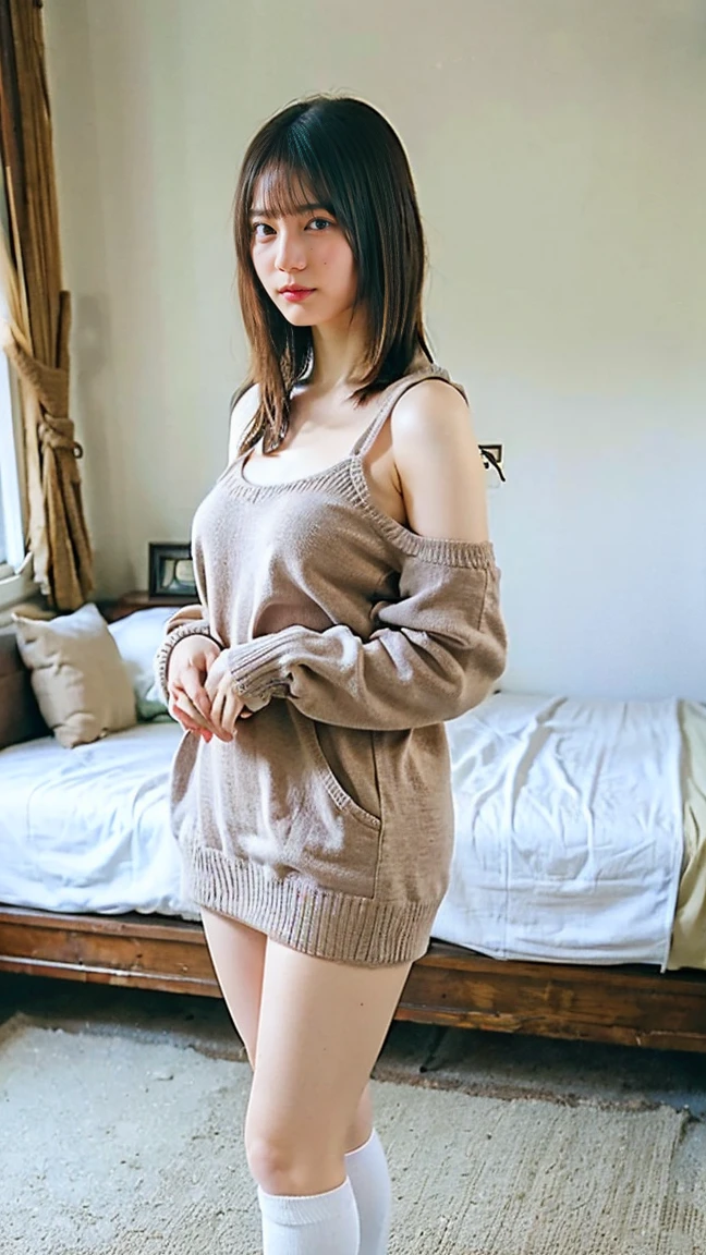 (8K、RAW Photos、Highest quality、masterpiece:1.2)、(Realistic、Realistic)、1 Girl、((Good、high socks、Shortcuts、Bedroom、Big Breasts、bed、Standing still、))、One of the bras is open