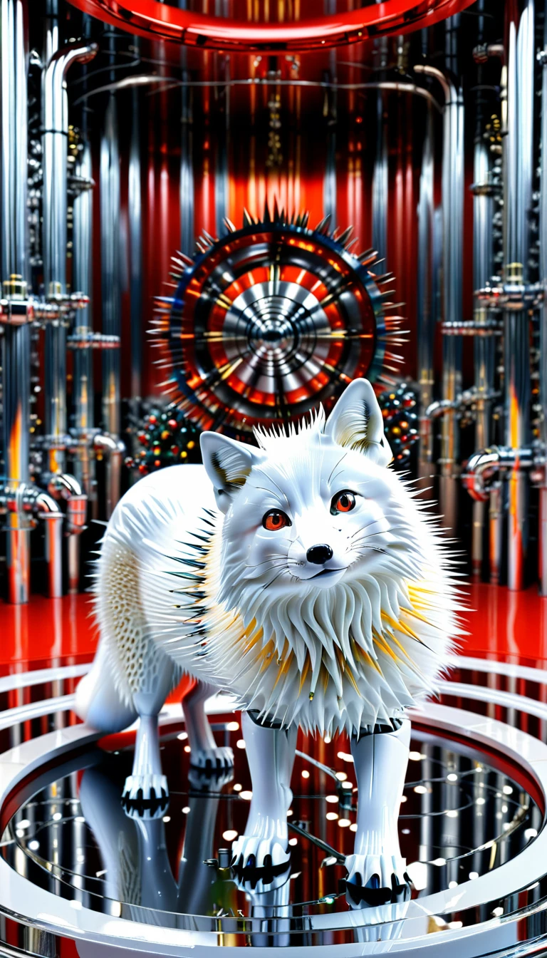 There is no one, Reality Photos, Reality Photos, Realistic photos of creatures like arctic foxes, spikes, multi-colored shiny fur, strange and, Surreal and, the other world, A robotic factory with a shiny assembly plant, intricate details, very sharp, Sophisticated details, Flawless composition, vivid colors, masterpiece, futuristic, metal decoration, The shiny red interior is empty., polished, ray tracing