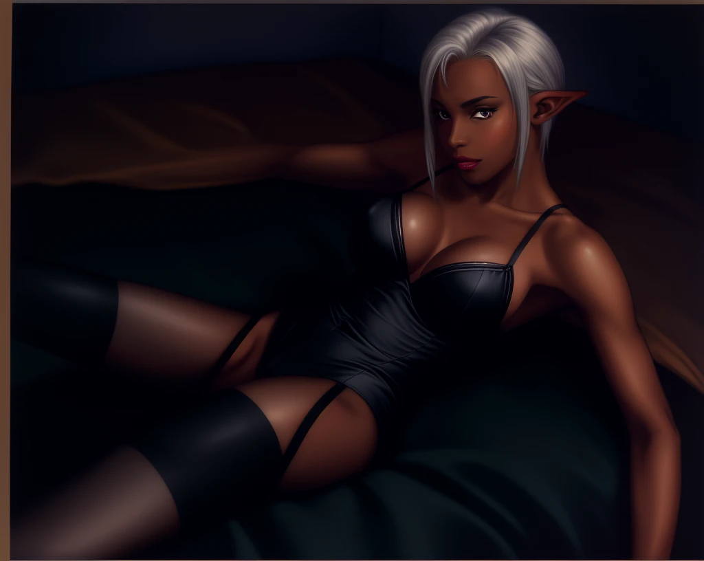 (muted colors:1.3), (Dark image:1.3), (warm color palette:1.3), (dark Elf), (jet black leather),  ( black ), (dark night), (lying on black silk sheets), (dent in the skin:1.1), (detailed),digital art, (drawn), (headquarters),  