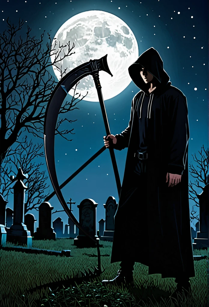 A man in a black hood holding a giant scythe、Slightly looking down、
BRAEK Standing in the graveyard at night、Moonlit Night、It's foggy, the eyes are shadowed and dark.、BRAEK Night with the tip of the sickle shining、