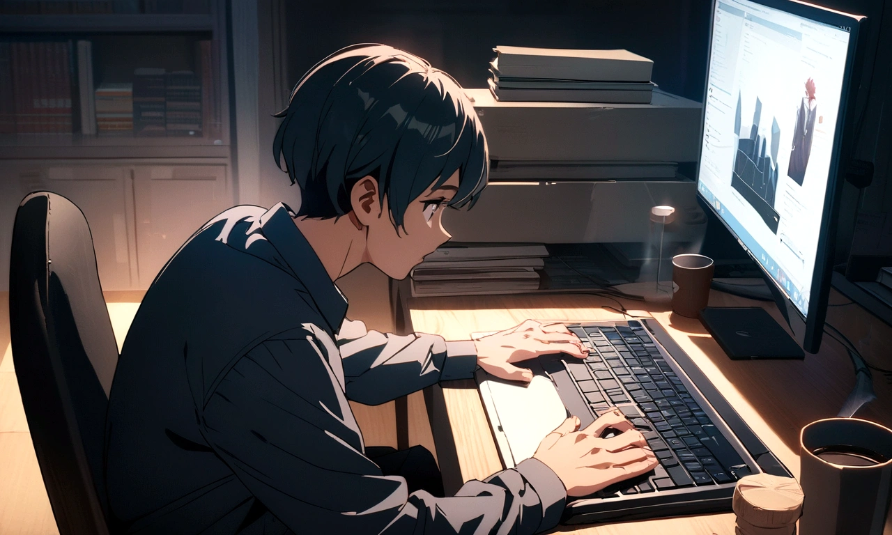 there is a man sitting at a table with a laptop, working on a laptop at a desk, in front of a computer, sitting at a computer, sitting in front of computer, typing on laptop, sitting at a computer desk, sitting at desk at keyboard, computer, advanced technology, ad image, professional, with a laptop on his lap, anime style, cinematic ,masterpiece, color grading