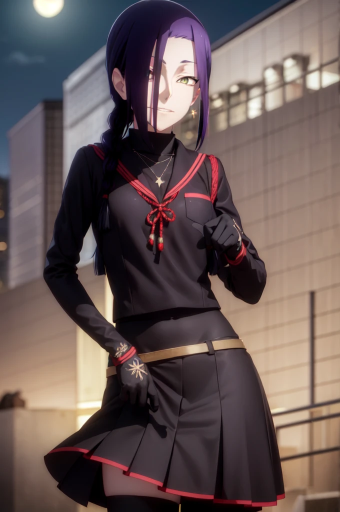 maganechikujouin, magane chikujouin, long hair, purple hair, braid, single braid, (hair over one eye:1.5), (yellow eyes:1.3), sharp teeth, smile, grin,
BREAK skirt, thighhighs, gloves, jewelry, , earrings, serafuku, black gloves, black thighhighs, necklace, zettai ryouiki,
BREAK outdoor, city, night, sky, buildings, moon, clouds,
BREAK looking at viewer, (cowboy shot:1.5),
BREAK (masterpiece:1.2), best quality, high resolution, unity 8k wallpaper, (illustration:0.8), (beautiful detailed eyes:1.6), extremely detailed face, perfect lighting, extremely detailed CG, (perfect hands, perfect anatomy),