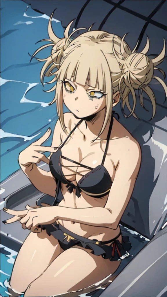 himikotoganova, (1girl, solo), blonde hair, double bun, messy hair, bangs, (perfect eyes, yellow eyes), black bikini, bags under eyes, breasts, sitting, drowning