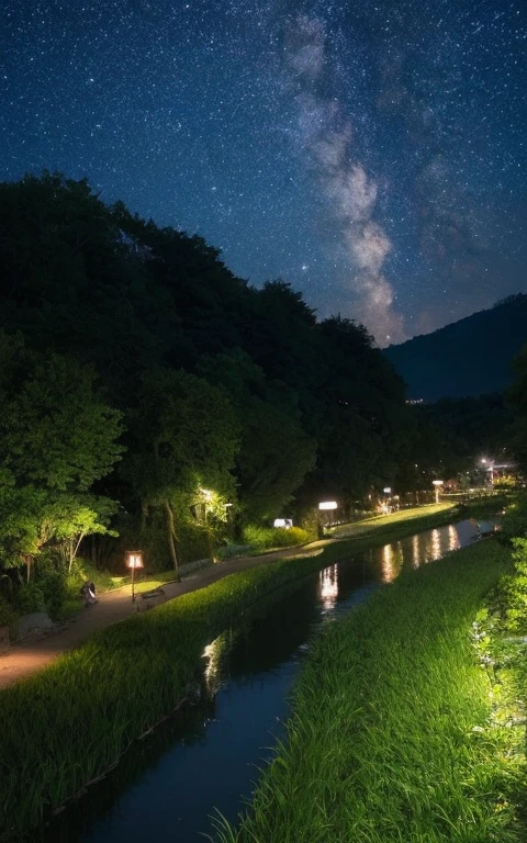 Nostalgic Japan scenery、The river flows、You can see the rice fields across the river、Fireflies are dancing at night、A dreamlike world、