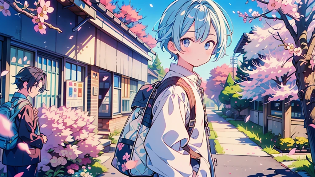 1boy,Highest quality、Masterpiece、Official Art、The best dynamic composition、Light blue hair color、Boys are high school students、Entrance Ceremony、、sneakers、Cherry blossom petals、Baby Face、Cowboy Shot、Blue and white checked backpack、gakuran,