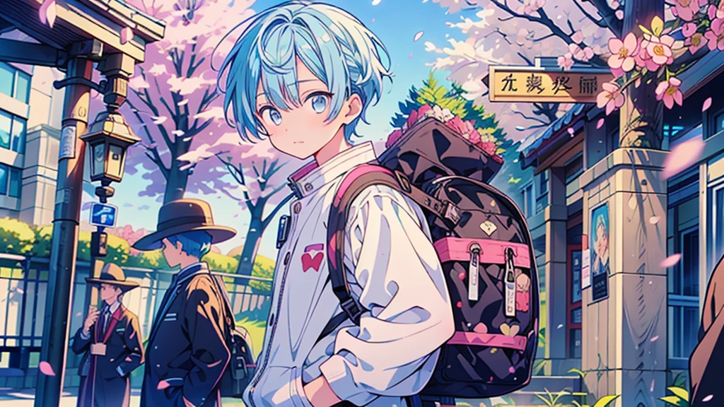 1boy,Highest quality、Masterpiece、Official Art、The best dynamic composition、Light blue hair color、Boys are high school students、Entrance Ceremony、、sneakers、Cherry blossom petals、Baby Face、Cowboy Shot、Blue and white checked backpack、gakuran,
