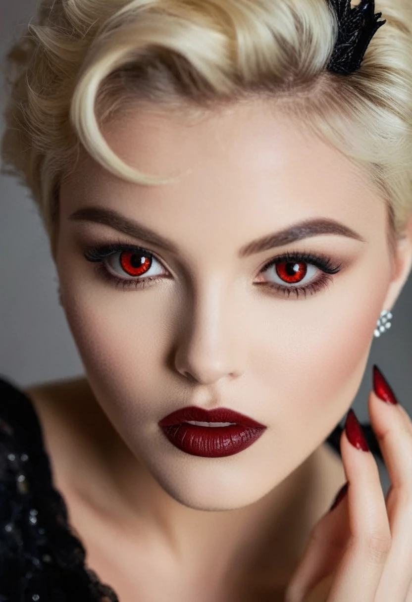 nsfw, 1lady, solo, mature adult woman, evil MILF, lady from hell, vampire beauty, femme fatale, evil apostle of darkness, peerless beauty, (((((👄, 👅, Sensually Baring Her Fangs, Vampire Bite),(slyly looks), (Cruel grinning slit eyes), (evil roguish smile))))), a Vampire Kiss, masterpiece, perfect ???????, ideal facial features, ideally proportioned figure, perfectly beautiful body, makeup, sensual Blonde, Very short, pixie cut, Beautifully detailed eyes, double eyelid, (eyeliner:1.2), mascara, eyeshadow, golden eyes, Beautifully detailed nose and nostrils, Beautifully detailed lips, (lipstick:1.1),(Dark red lips, glossy lips), (Vampire Fangs), tongue, saliva, Focus only on the mouth, Woman mouth close up, from front, glaring at you