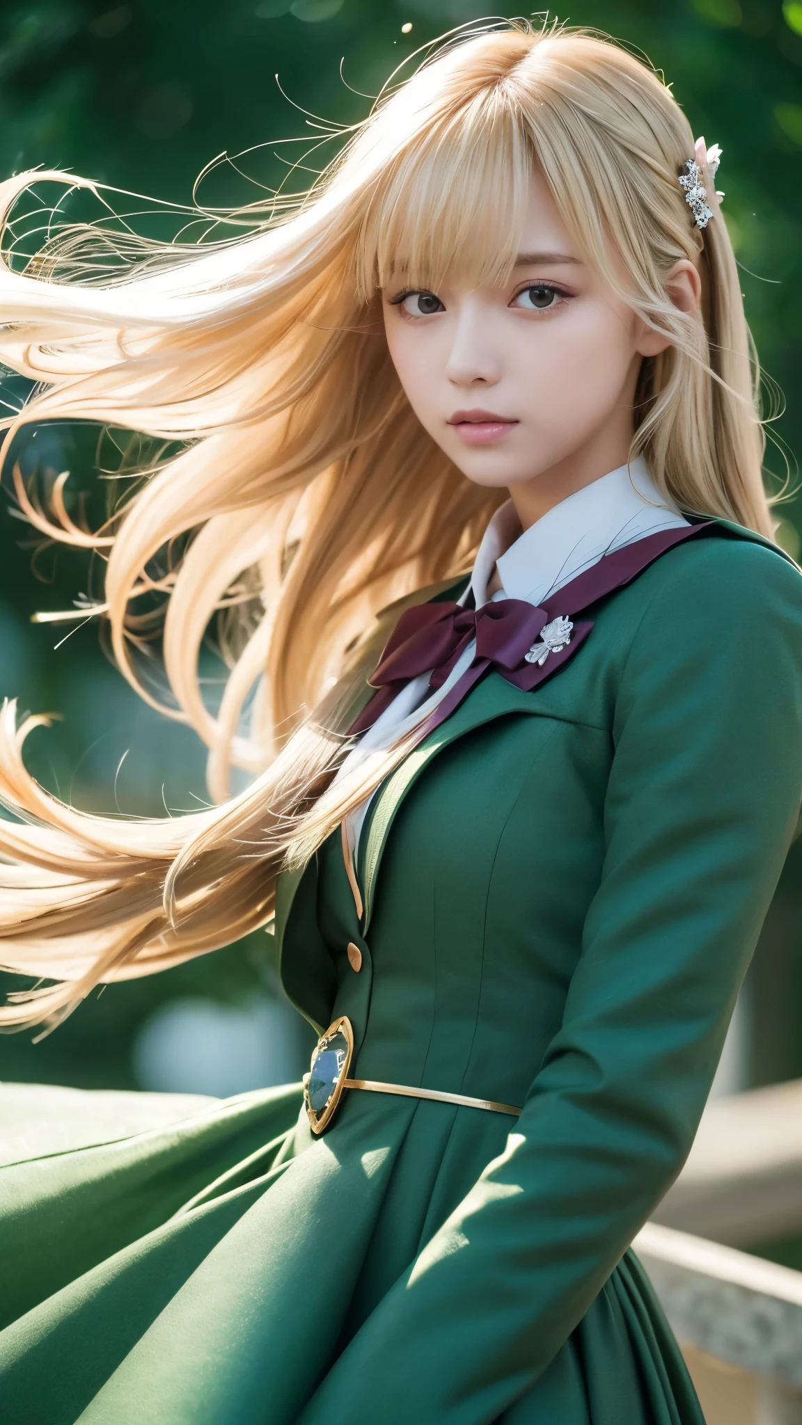 (Dynamic Angle:1.3),Extreme close up,the wind is strong,映画ofハイライト,1人of女of子,Upper Body,dancing,View your viewers, violet_Evergarden, alone, jewelry, blank eye,brooch, blonde_hair,( vevry long hair:1.2),floating hairlong_sleeve, ribbon, green_eye, Jacket, dress, gem, hair_ribbon,null, depth_of_Field, a close view of flying petal,