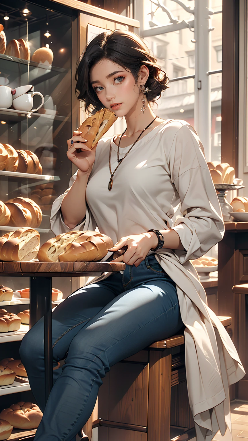 (8K, RAW photos, best quality, masterpiece:1.2), (realistic, photo-realistic:1.3)、((1 woman)), 20 year old Japanese woman with a beautiful face.、hair is gray、Eye color is dark blue, smile, high definition face, Curly short hair, (((bakery, display case window)), (((Wearing an asymmetrial and jeans, sitting at the table and eating bread and coffee.))), glowing skin, photometry, (((slim body))), Vivid colors, 