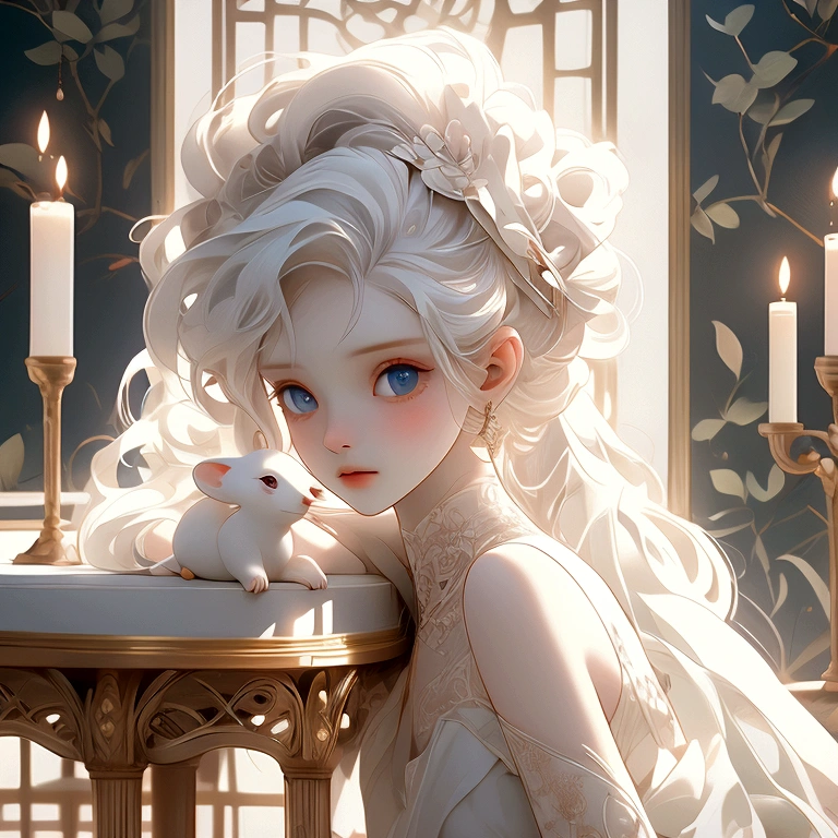 from front, portrait, from above, High resolution, high definition, ultra detailed, 4k, 8k, super masterpiece, BJD and a small white mouse are staring at each other, BJD is modeled after a beautiful 18-year-old woman, life size, Joints in the body are mechanical, BJD are battery powered, BJD are beautiful like sculptures, Hard white porcelain skin that shines white, BJD is sitting on a chair and looking at a white mouse, no makeup, white chignon hair, large glass eyes, Sleeveless white off-shoulder dress with elegant drape and beautiful embroidery, bisque doll, The white mouse is so small that she can wrap it in her hands, The small white mouse stands on two legs on the table, Beautiful fur of a realistic small white mouse, dreamy, aesthetic, gothic style, fantasy,