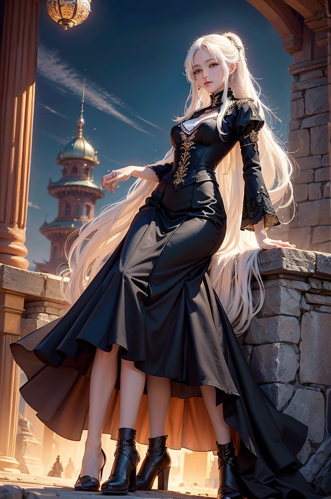 ((masterpiece:1.5,Highest quality,Highly detailed images,Beautiful images、Realistic、Photorealistic、2.5D))(1girl, 独奏)(medium breasts, white hair, black eyes, Healthy legs、Tight ass、Beautiful cleavage)(Fantasy dresses、Fantasy Clothes、Black battle dress、Deep slit)(wind, floating hair)(Inside the castle、The King's Chamber）
