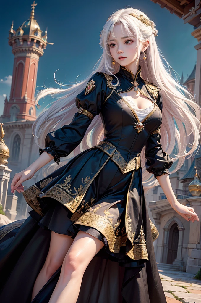 ((masterpiece:1.5,Highest quality,Highly detailed images,Beautiful images、Realistic、Photorealistic、2.5D))(1girl, 独奏)(medium breasts, white hair, black eyes, Healthy legs、Tight ass、Beautiful cleavage)(Fantasy dresses、Fantasy Clothes、Black battle dress、Deep slit)(wind, floating hair)(Inside the castle、The King's Chamber）
