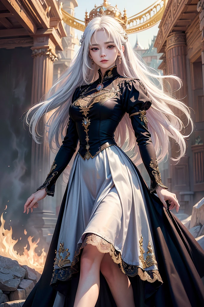 ((masterpiece:1.5,Highest quality,Highly detailed images,Beautiful images、Realistic、Photorealistic、2.5D))(1girl, 独奏)(medium breasts, white hair, black eyes, Healthy legs、Tight ass、Beautiful cleavage)(Fantasy dresses、Fantasy Clothes、Black battle dress、Deep slit)(wind, floating hair)(Inside the castle、The King's Chamber）
