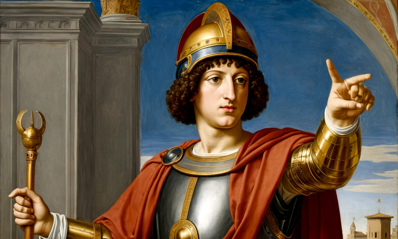 Ptolemy XIII Theo Philopator, representing what he was like, pointing with his hand as if accusing someone, 15 year old Renaissance painting, wearing a Galea helmet on his head, he is facing the viewer