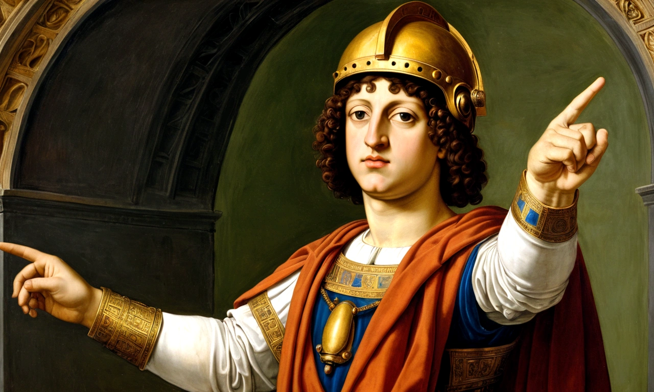 Ptolemy XIII Theo Philopator, representing what he was like, pointing with his hand as if accusing someone, old Renaissance painting, wearing a Galea helmet on his head, he is facing the viewer