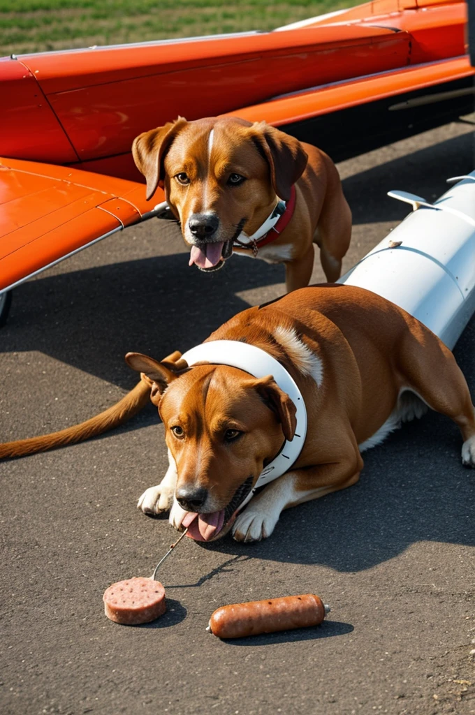 Create a dog driving a plane eating a sausage and listening to cockroach music