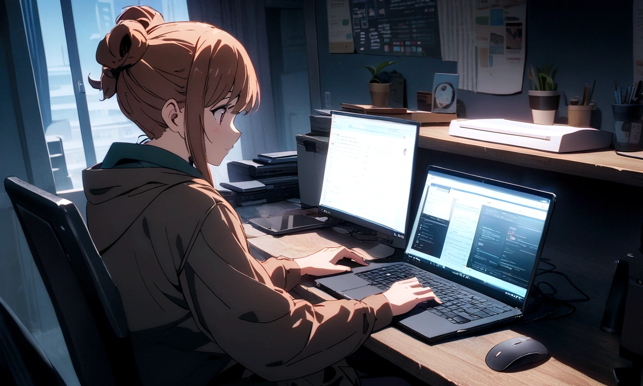 there is a man sitting at a table with a laptop, working on a laptop at a desk, in front of a computer, sitting at a computer, sitting in front of computer, typing on laptop, sitting at a computer desk, sitting at desk at keyboard, computer, advanced technology, ad image, professional, with a laptop on his lap, anime style, cinematic ,masterpiece, color grading