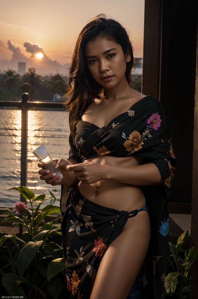 flowers,sunset,in dark,dark theme, masterpiece,official art,best quality,ray tracing,volumetric light,realistic,photorealistic,ultra highres,vivid, woman , sarong, close up,Thai sarong