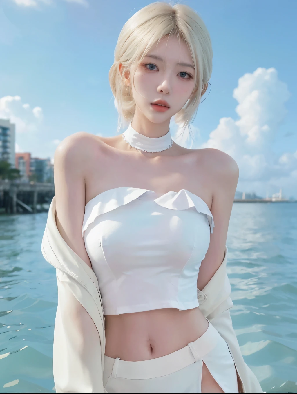 Beautiful woman with perfect figure:1.4，beach，Layered Hairstyle，White skin，Prominent ，White bikini:1.5，White ultra-short pleated skirt，whole body，Very delicate face and skin texture，Double eyelids，Skin Whitening，Long white hair